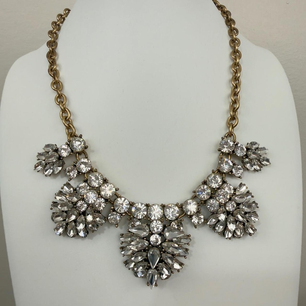 J. Crew Statement Bib Necklace‎ Crystal Rhinestone Gold Tone Floral Glam Cluster